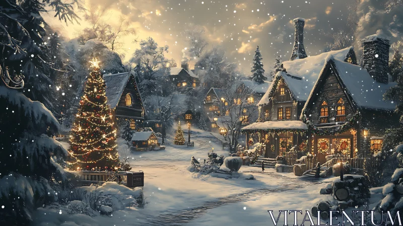 Snow-covered village street with lit houses and tree at dusk.