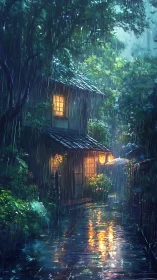 Rainy alley beside traditional house with illuminated windows.