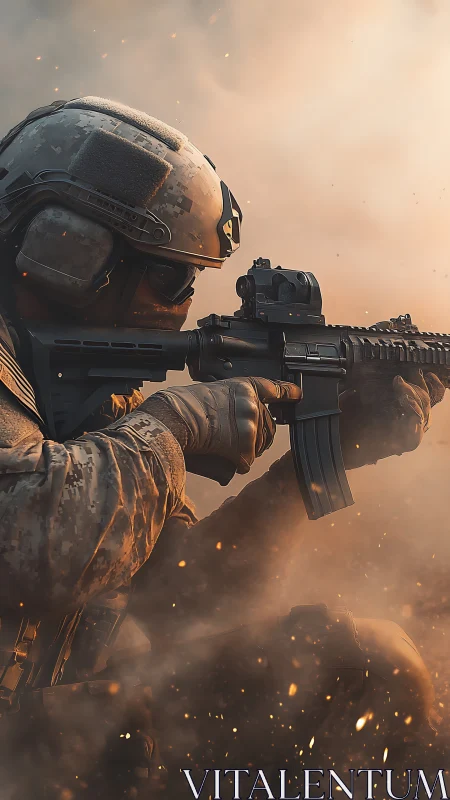 Battle-ready soldier steadies rifle through swirling embers.