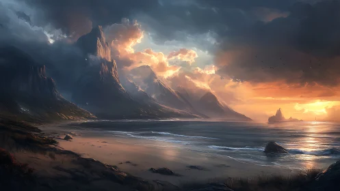 Stormlit cliffs guard a burning horizon above quiet surf.