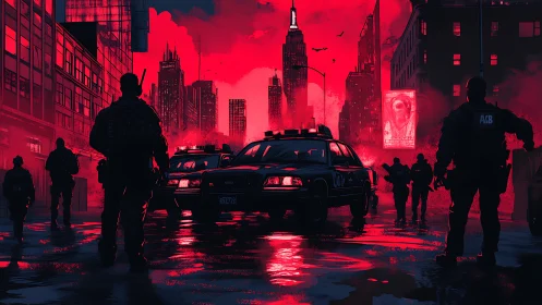 Police officers surround patrol cars in red lit city street