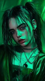 Neon-lit goth girl gazes into camera with vivid intensity.