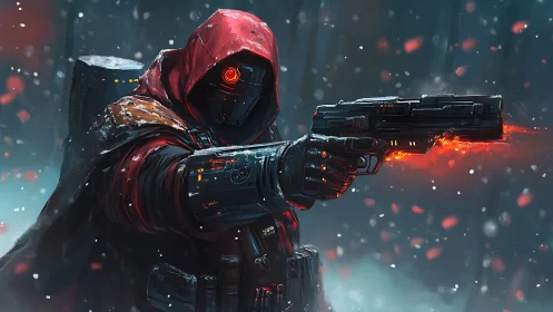 Cybernetic gunslinger aims burning pistol in frozen forest