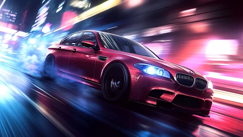 Red sports sedan is rendered drifting through neon city street