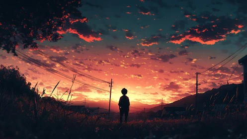 Backlit child silhouette under stratified rural sunset sky.