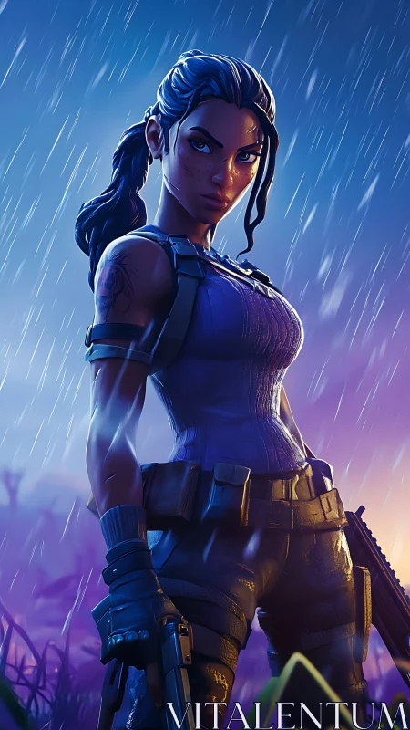 Armed female soldier stands in rain with intense focus.