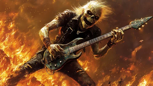 Flaming skeleton guitarist shreds amid blazing inferno.