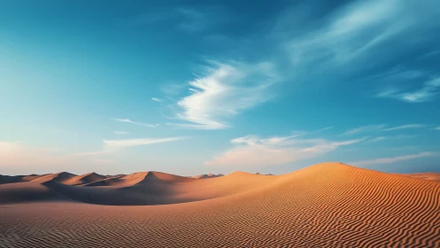 Sunlit desert dunes with rippled sand under vibrant sky.