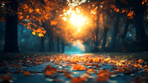 Autumnal Forest Pathway: Golden Hour Bokeh Composition with Deciduous Canopy.