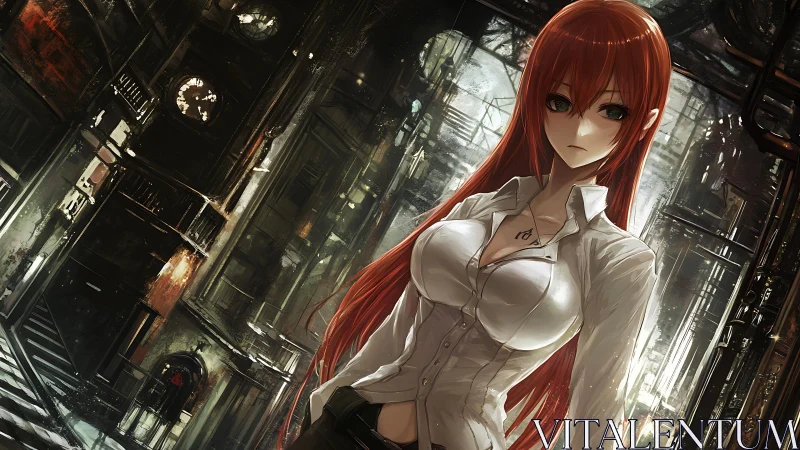Red-haired heroine stands defiant in a ruined industrial city