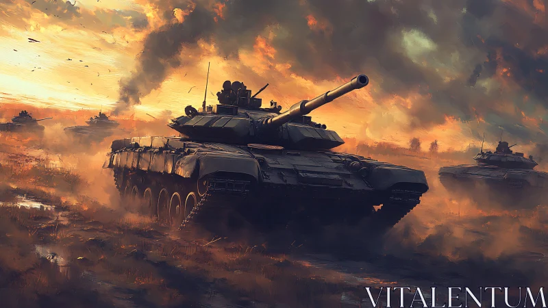Armored battle tanks advance through fiery dusk battlefield.