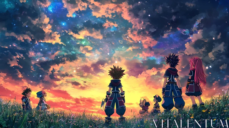 Starlit questing hearts gather beneath a burning dawn sky.