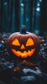 Glowing jack-o-lantern smiles warmly in a misty autumn forest