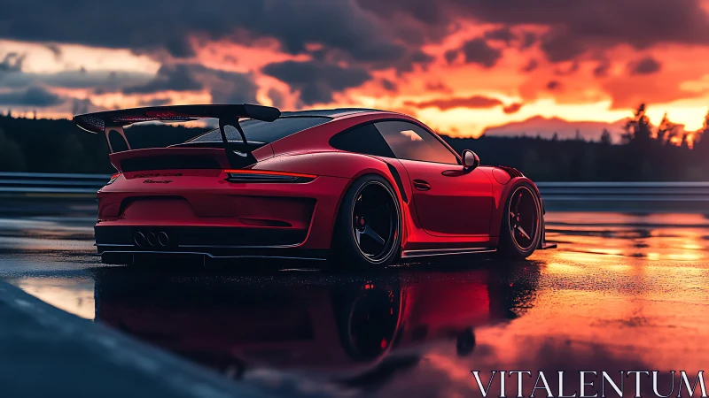 Aerodynamic red track car under saturated sunset sky reflections