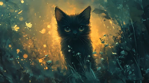 Luminescent Black Feline Subject in Luminous Golden Field.