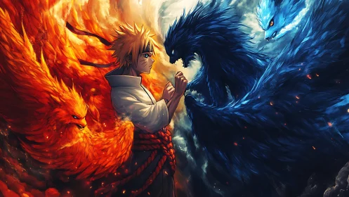 Fire and frost spirits circling a determined young warrior.