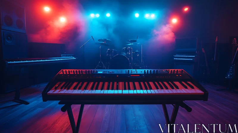 Colorful stage keyboard waiting for a late night jam session.