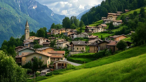 Mountain village with clustered homes and church tower.