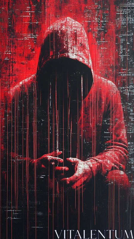 Hooded figure in red glitch matrix with obscured digital identity