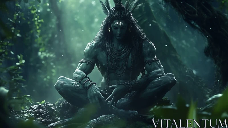 Forest deity in meditative pose under emerald light.