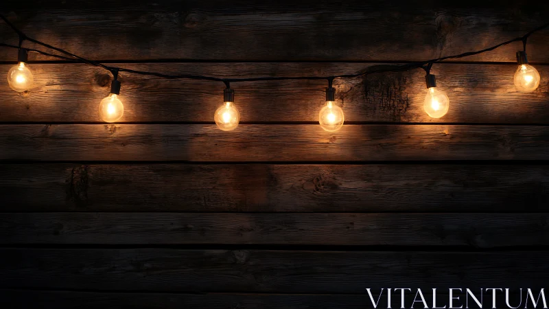 Warm string lights glowing against weathered wooden planks.
