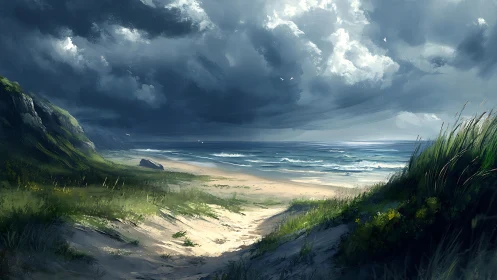 Stormlit coastal dunes with turbulent sea and brooding sky.