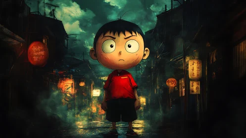 Wide-eyed cartoon boy in moody neon alley at night.