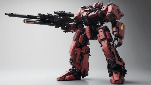 Heavy red combat mech aims railgun in stark studio light