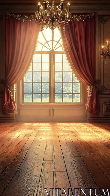 Digital painting of sunlit baroque window and parquet floor.