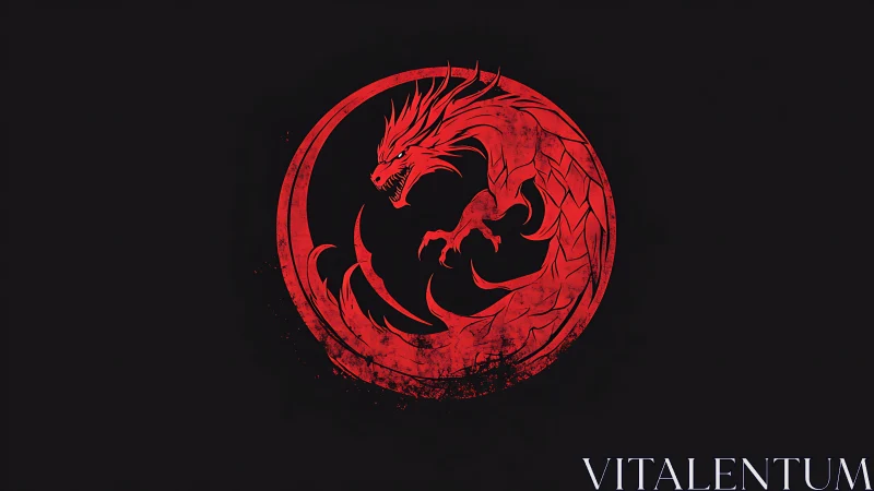 Red circular dragon emblem on black textured background.