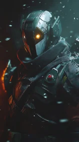 Lone armored android pauses in a storm of sparks and snow