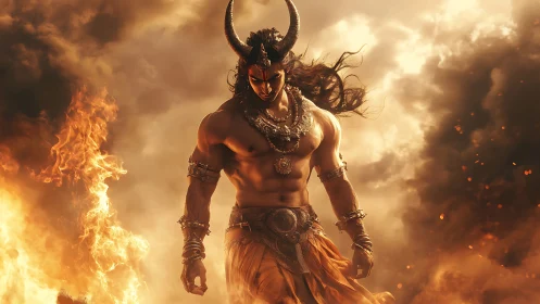 Horned warrior stands shirtless amid swirling fire and smoke