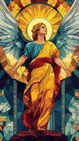 Winged angel in stained glass stands before radiant halo