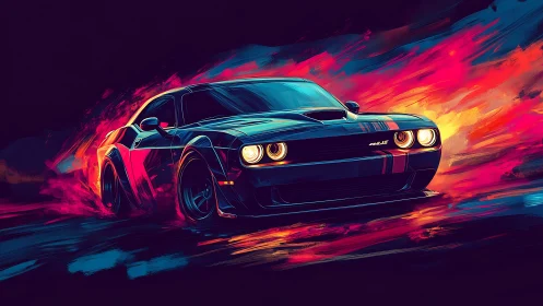 Muscle car charges through neon firestorm at high speed.
