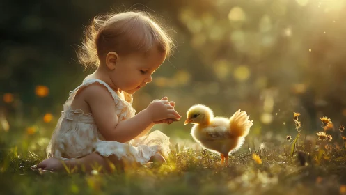 Sunlit meadow moment between curious child and chick.