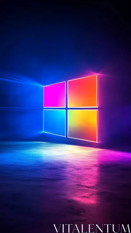 Neon glass pane quad with luminous floor reflections in dusk