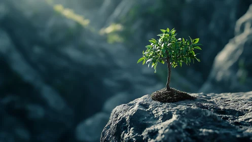 Resilient young tree growing on rocky cliff in natural sunlight.