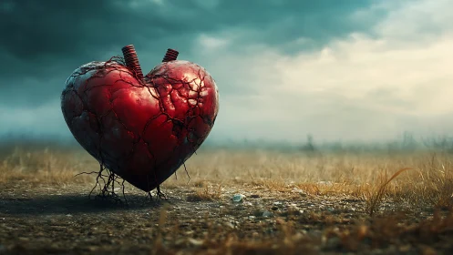 Corroded biomech heart rooted in desolate fieldscape.