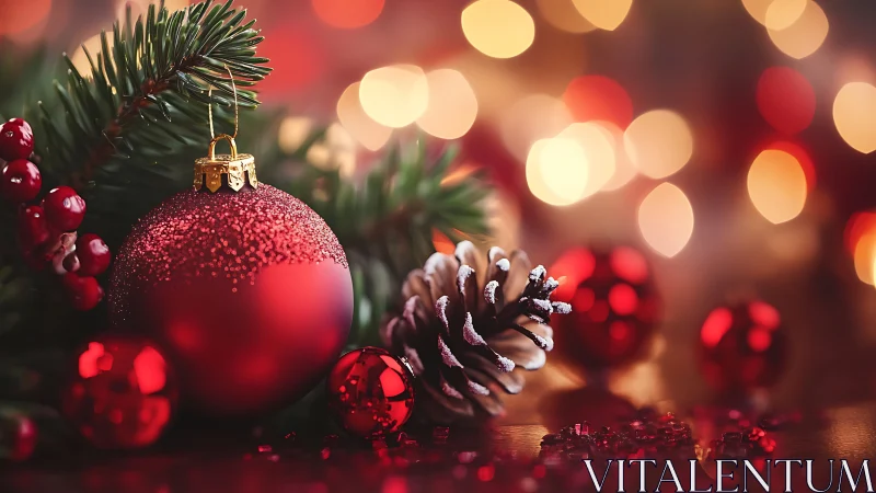 Cozy red baubles and pinecone glow in soft holiday lights.