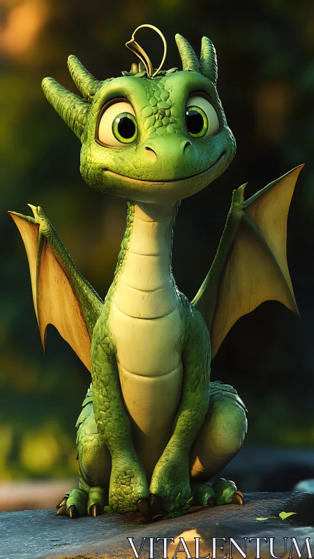 Green cartoon dragon character in outdoor forest setting.