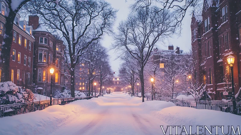 Snow-covered residential street with brownstone buildings at dusk.