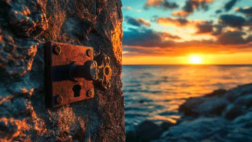 Rusty wall keyhole against vivid ocean sunset horizon.