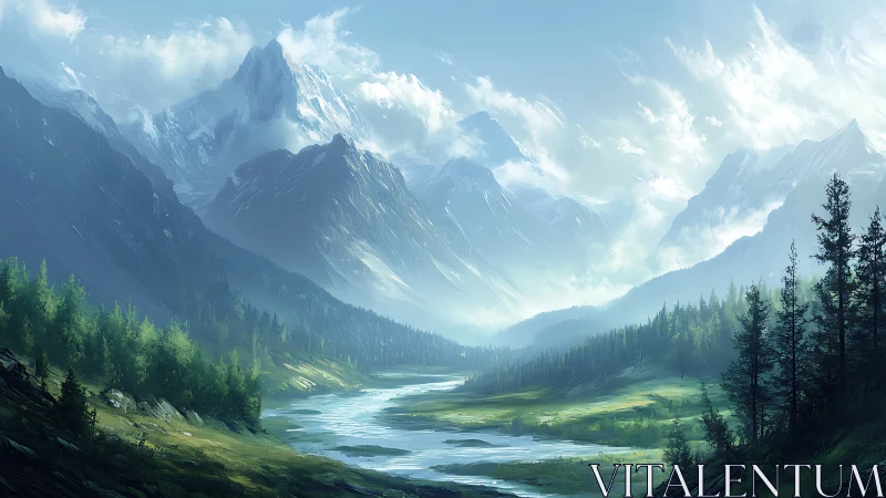 Vast alpine valley with river and towering snowy peaks.