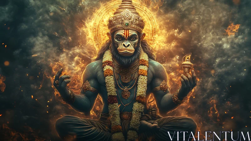 Divine monkey deity sits in blazing celestial halo of fire.