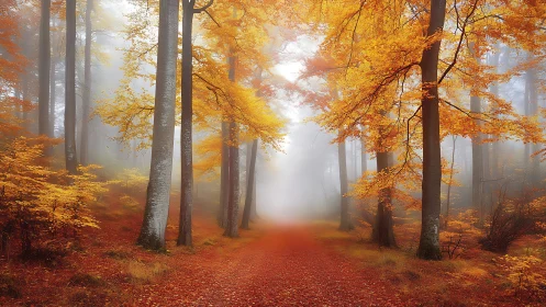 Autumn Fog Forest Path Through Golden Trees.