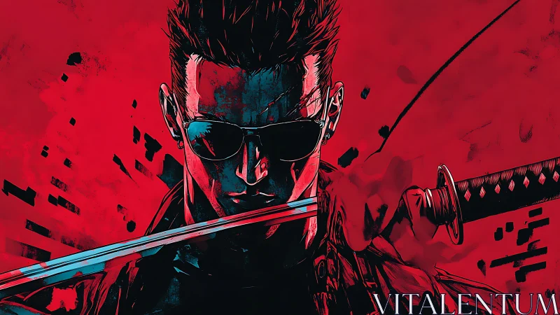 Cyberpunk swordsman stands defiant in neon red storm.