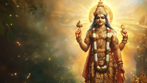 Radiant Hindu deity walks through a cosmic golden sunrise.