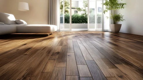 Sunlit wooden floor in a calm, open living room retreat.