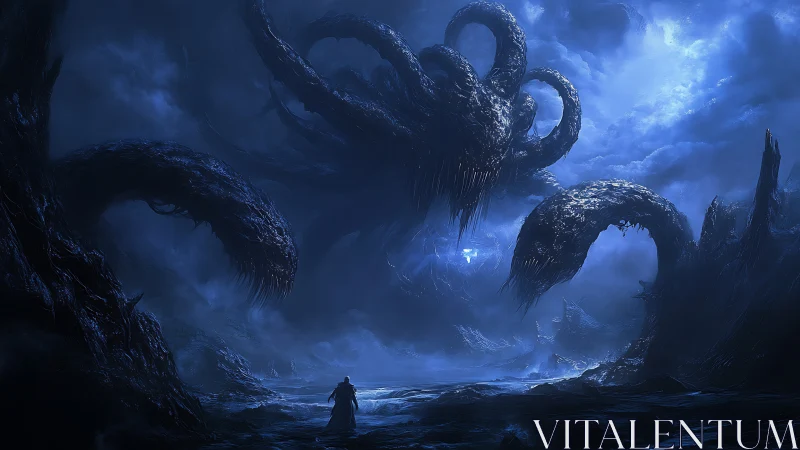 Abyssal macrofauna confronting cloaked figure in stormscape.