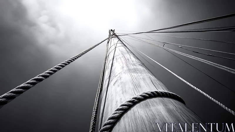 Tall ship mast rises toward overcast sky in stark monochrome